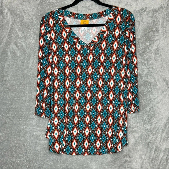 Ruby Rd Medium Shirt Top Teal Blue Orange Geometric 3/4 Sleeve V Neck Stretch - Picture 1 of 6
